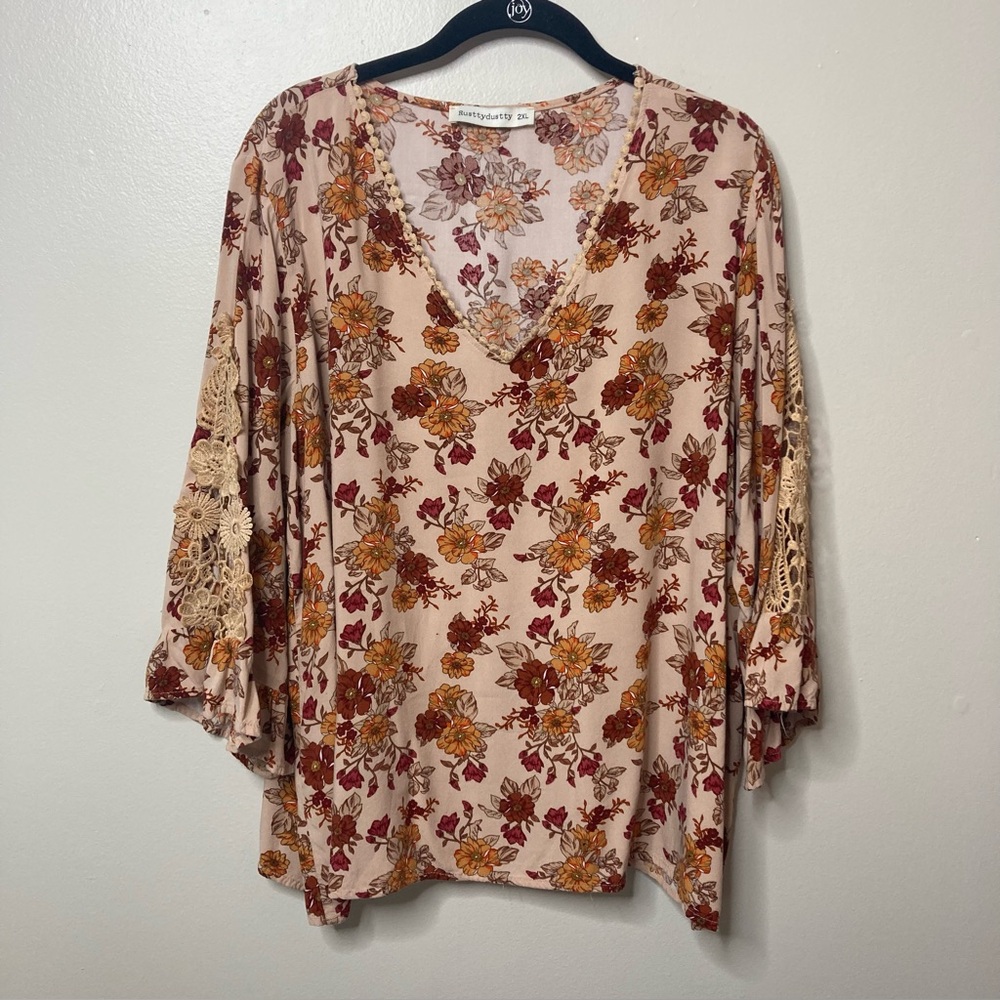 Rustty Dustty Boho Floral Lace Detail Popover Blouse Womens Size 2XL